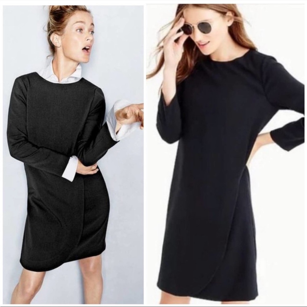 J. Crew Dress Overlap Faux Wrap Long Sleeve Shift Black Classic Wedding Lined